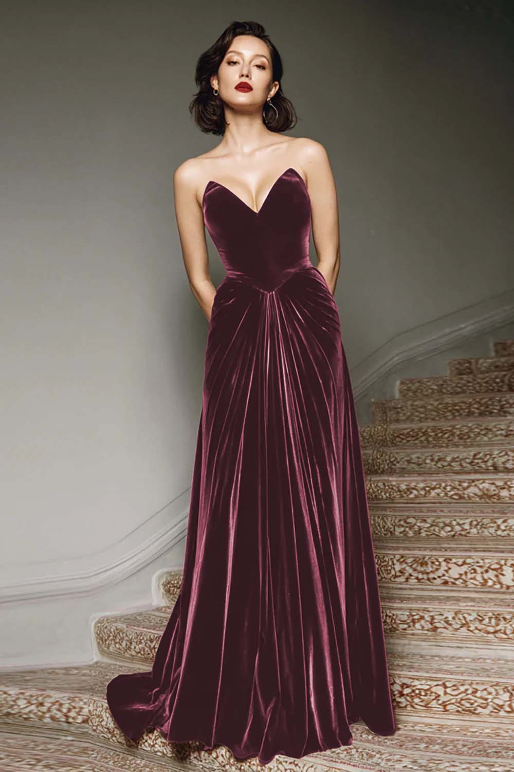 Zapaka Women Burgundy A Line Velvet Formal Dress Sweetheart Long Evening Dress, Desert Rose / US20W