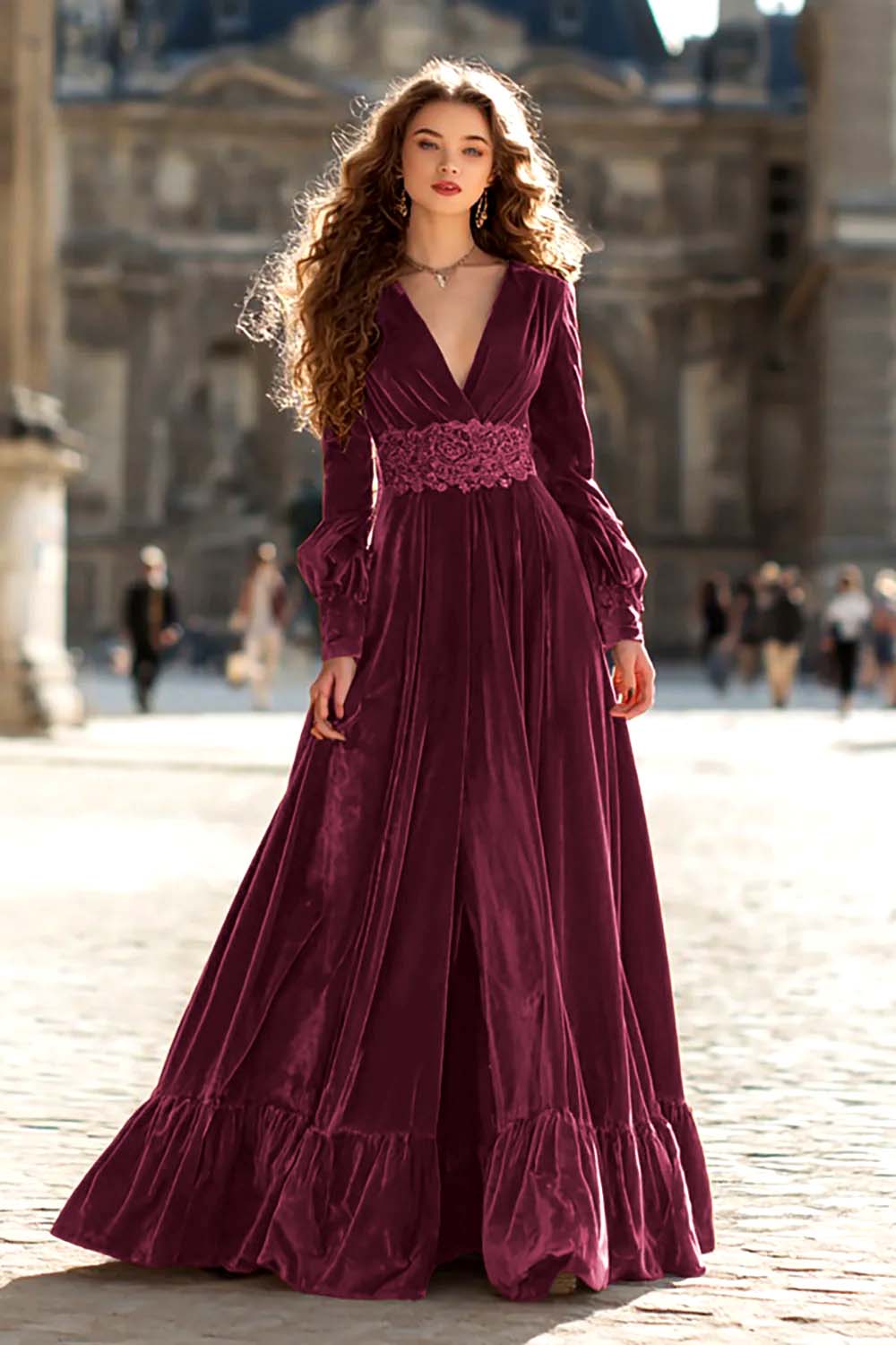 Zapakasa Women Brown Velvet Long Formal Dress with Sleeves A Line V-Neck Ruched Evening Dress with Ruffles Zapakasa Women Brown Velvet Long Formal Dress with Sleeves A Line V-Neck Ruched Evening Dress with Ruffles