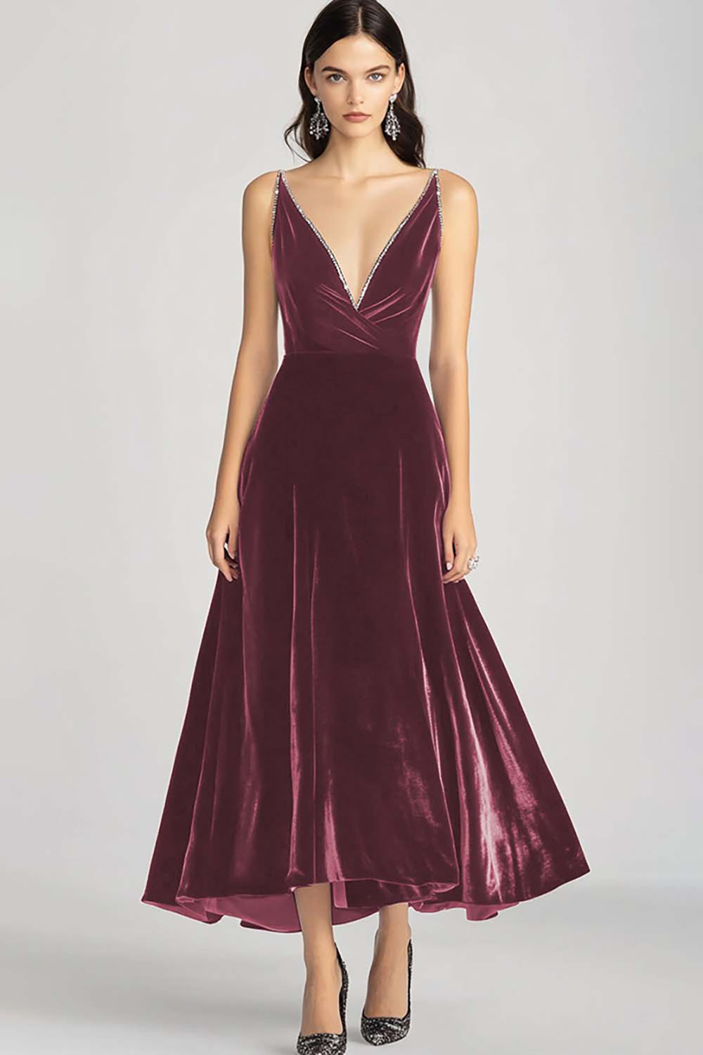 Burgundy Spaghetti Straps V Neck Velvet Formal Dress