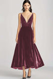 Burgundy Spaghetti Straps V Neck Velvet Formal Dress