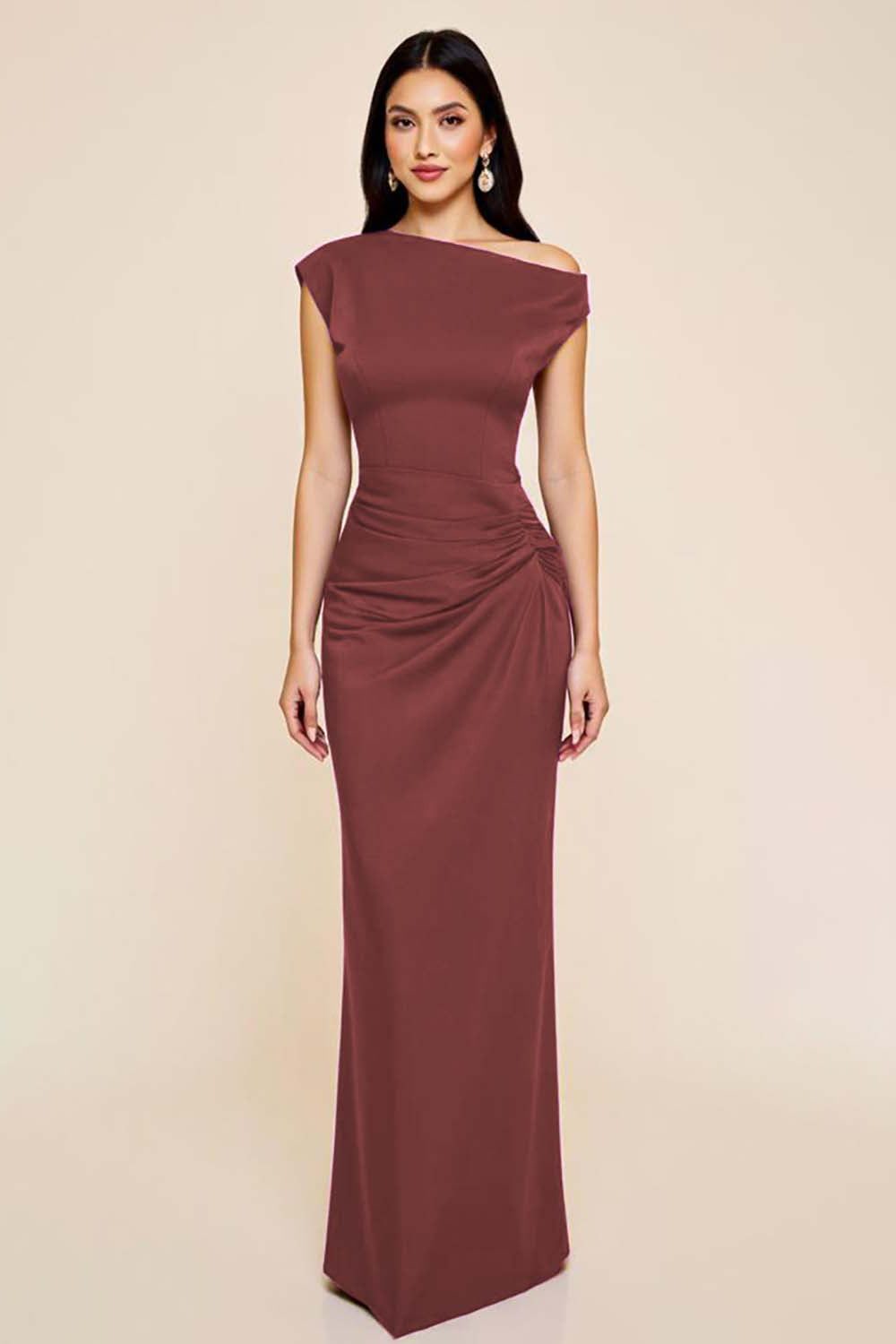 Plum Sheath Ruched Satin Asymmetrical Long Formal Dress