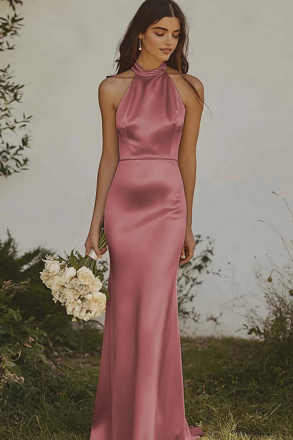 Zapaka Women Satin Bridesmaid Dress Light Yellow Halter Sleeveless Backless Mermaid Wedding Guest Dress, Desert Rose / US4