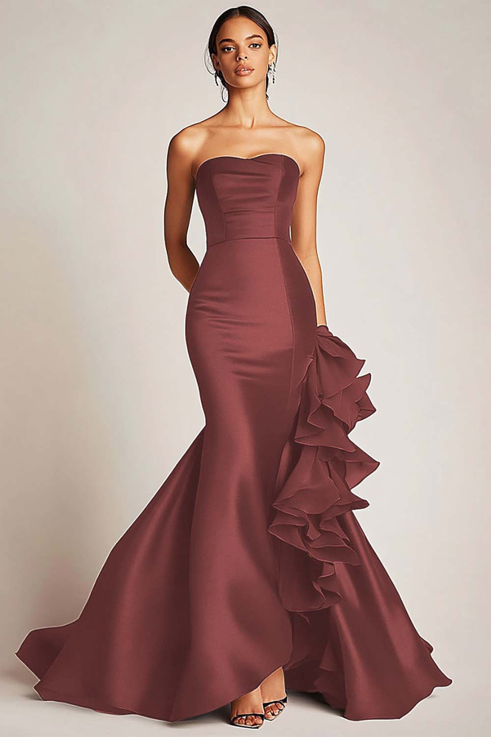 Satin Mermaid Long Strapless Formal Dress with Ruffles