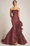Satin Mermaid Long Strapless Formal Dress with Ruffles