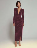 Olive Sheath Velvet Deep V-Neck Long Holiday Party Dress with Sleeves