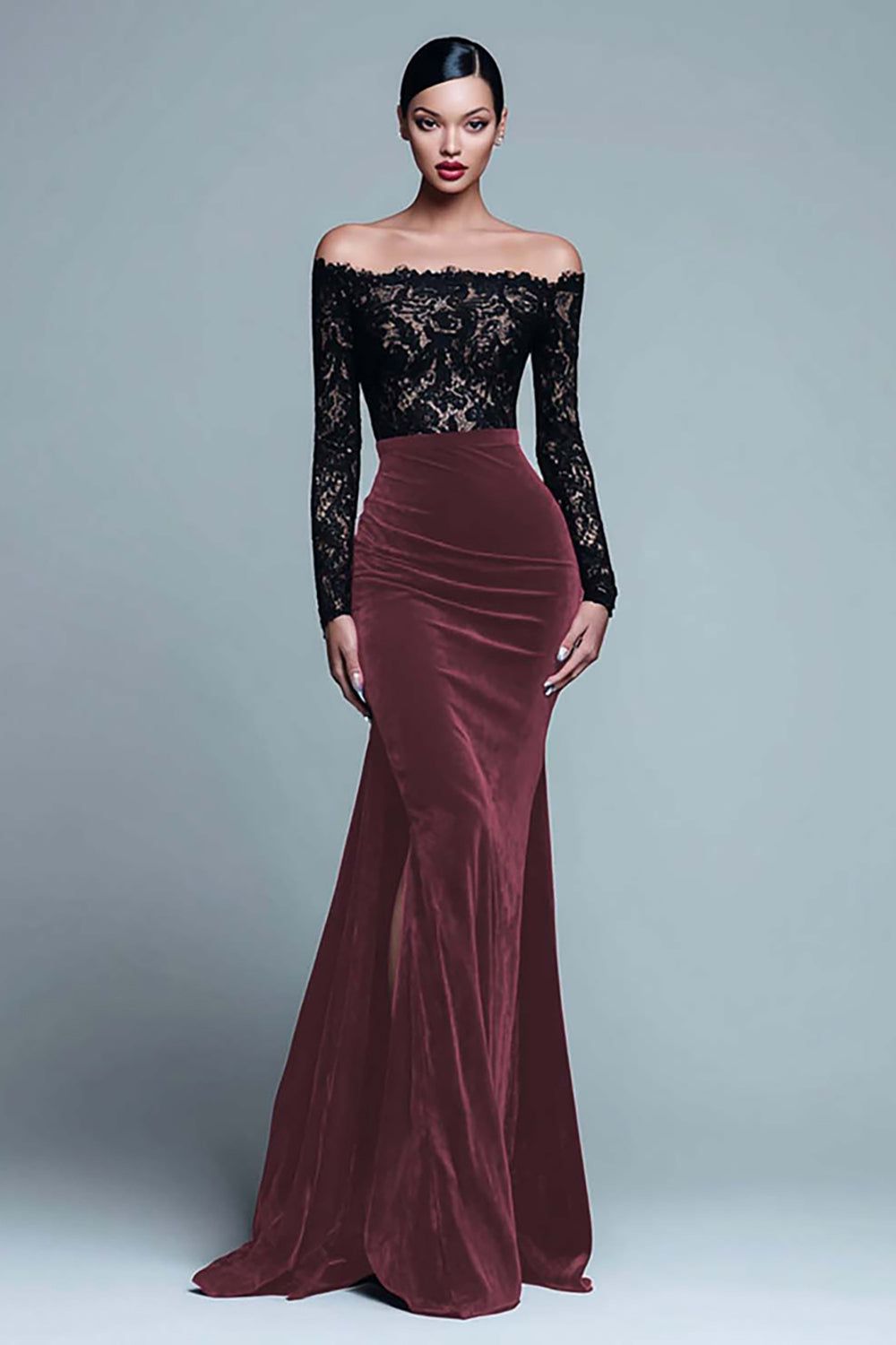 Black and Burgundy Mermaid Velvet Long Sleeves Holiday Party Dress with Lace