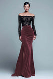 Black and Burgundy Mermaid Velvet Long Sleeves Holiday Party Dress with Lace