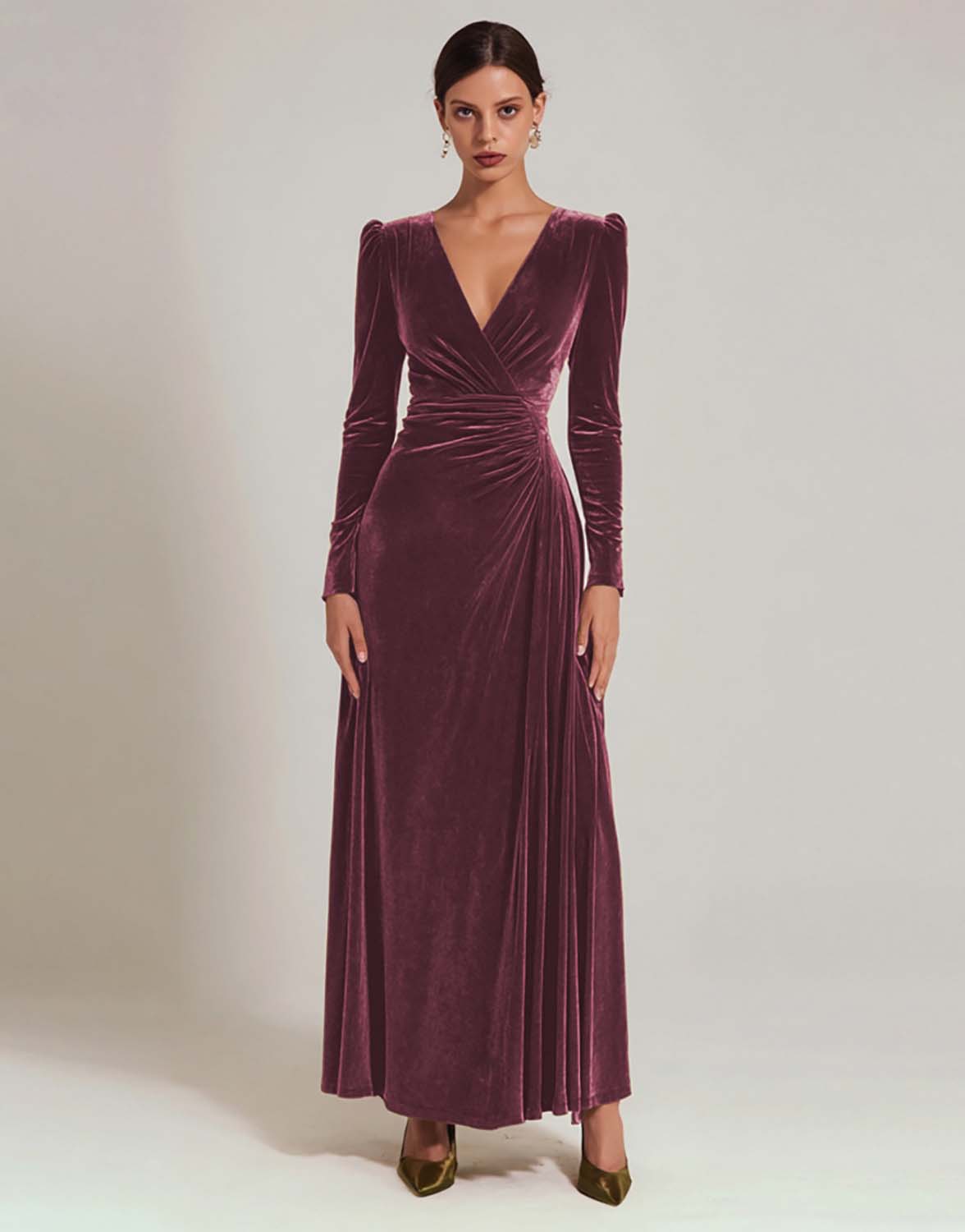 Zapakasa Women Olive Velvet Long Holiday Party Dress with Sleeves A Line V-Neck Evening Dress Zapakasa Women Olive Velvet Long Holiday Party Dress with Sleeves A Line V-Neck Evening Dress