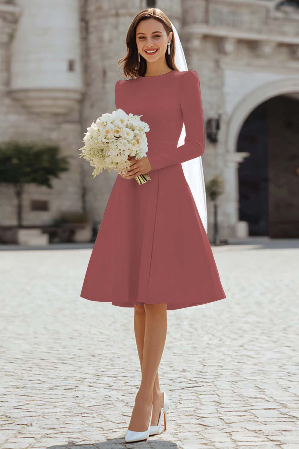Ivory Satin Short A Line Wedding Dress with Sleeves
