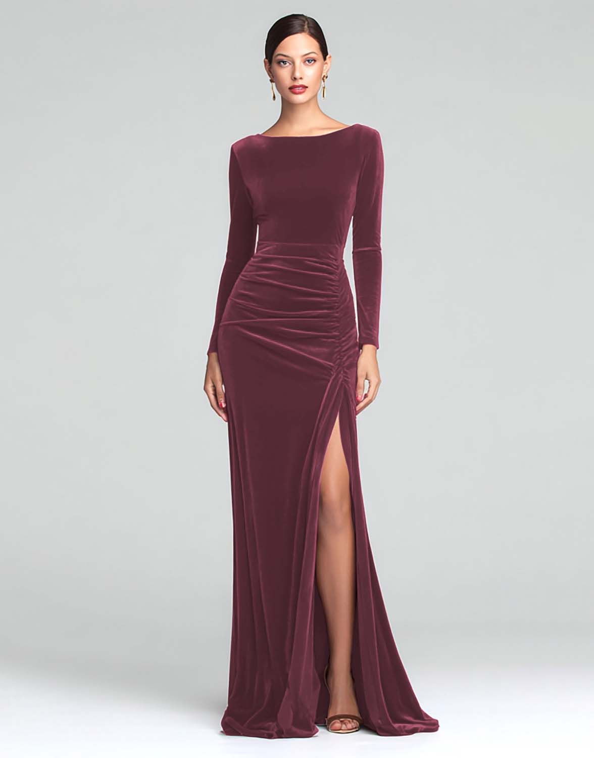 Burgundy Boat Neck Velvet Ruched Long Sleeves Holiday Party Dress