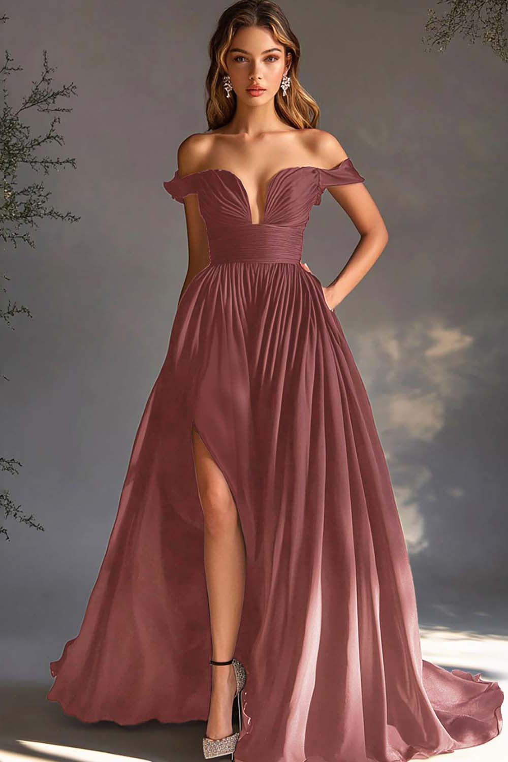 A Line Chiffon Pleated Long Off the Shoulder Formal Dress with Slit