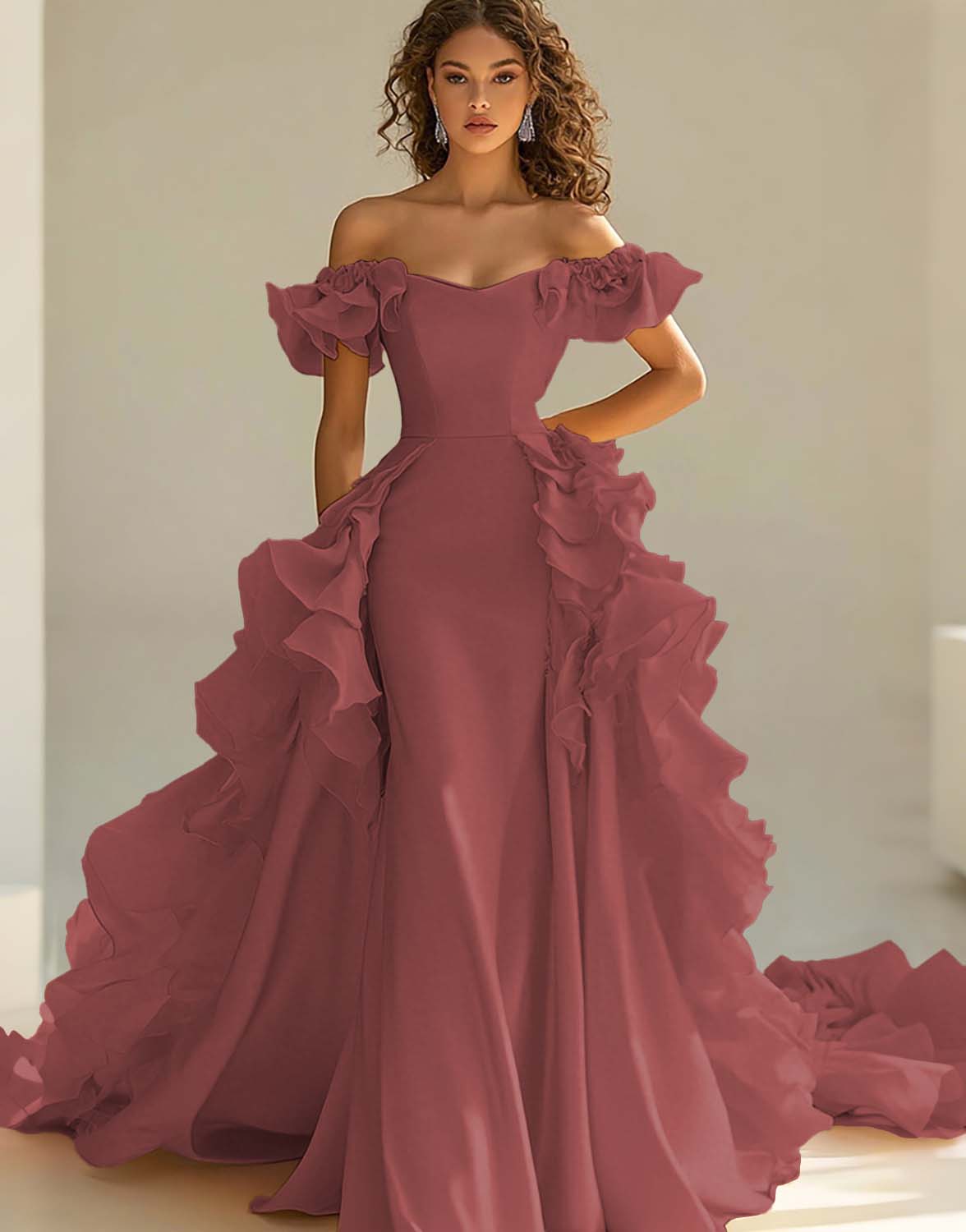 Yellow Satin Long Off the Shoulder Prom Dress with Ruffles