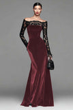 Burgundy Velvet Mermaid Long Sleeves Holiday Party Dress with Lace