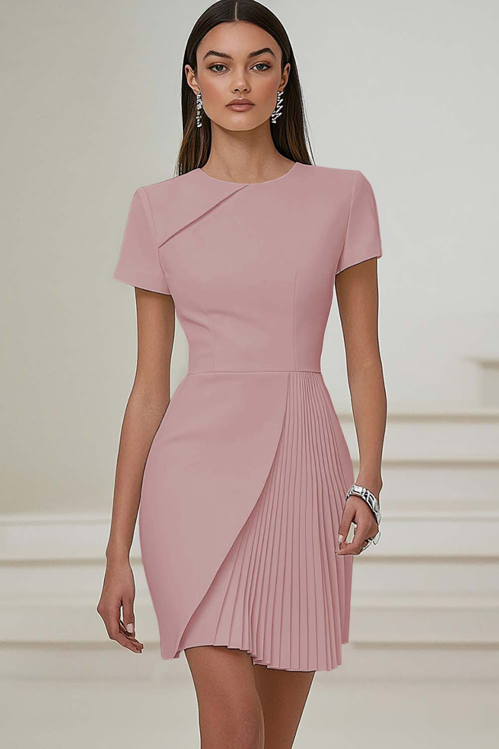 Zapakasa Women White Satin Bodycon Work Dress with Short Sleeves Round Neck Pleated Semi Formal Dress Zapakasa Women White Satin Bodycon Work Dress with Short Sleeves Round Neck Pleated Semi Formal Dress