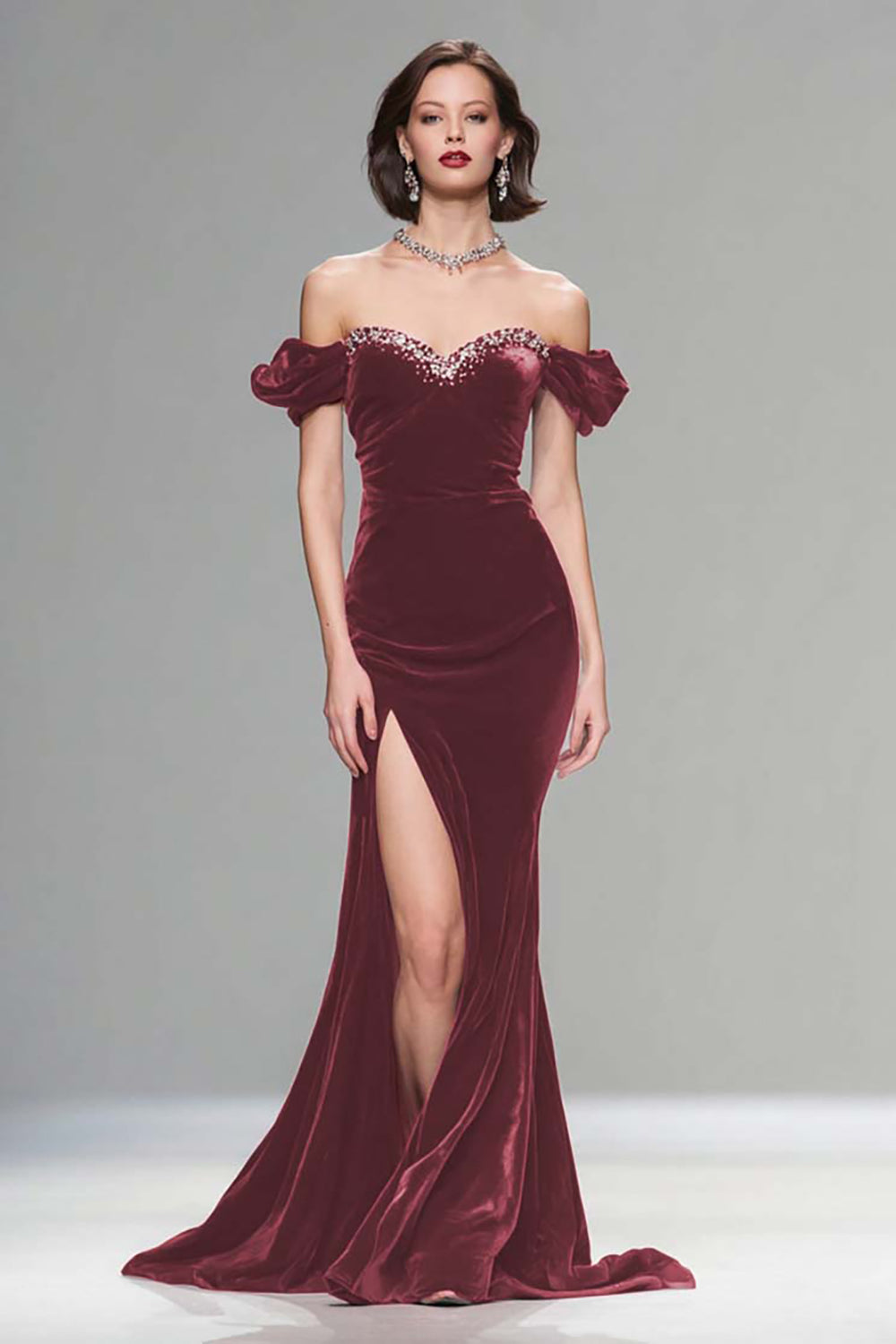 Sparkly Burgundy Velvet Mermaid Long Holiday Party Dress with Beading