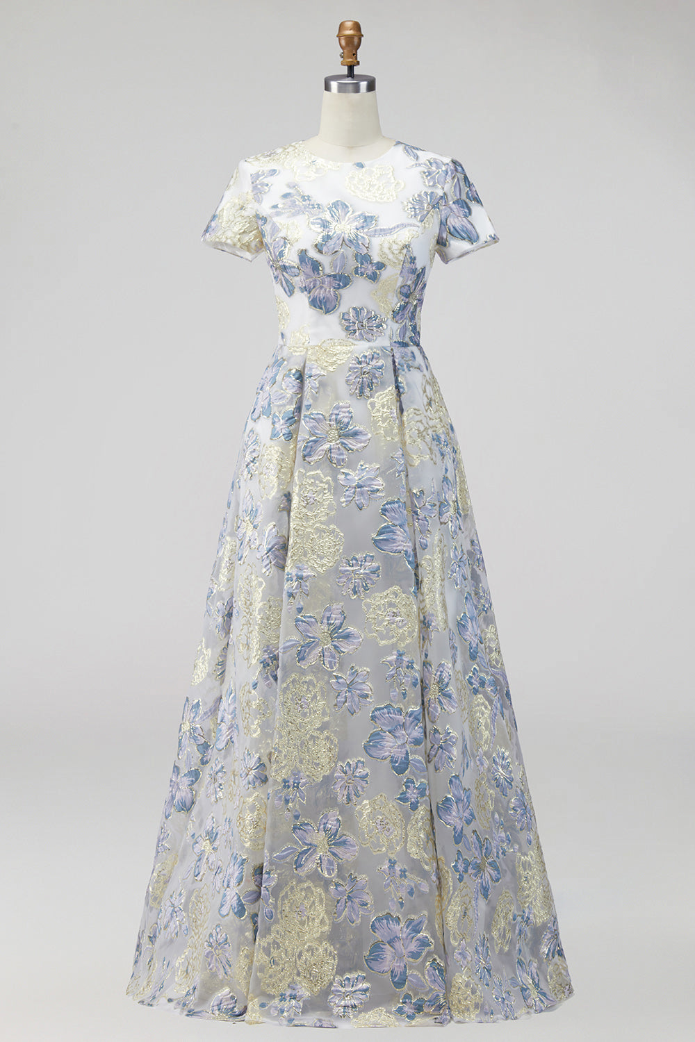 Dusty Blue Round Neck Floral A Line Long Mother of the Bride Dress