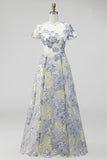 Dusty Blue Round Neck Floral A Line Long Mother of the Bride Dress