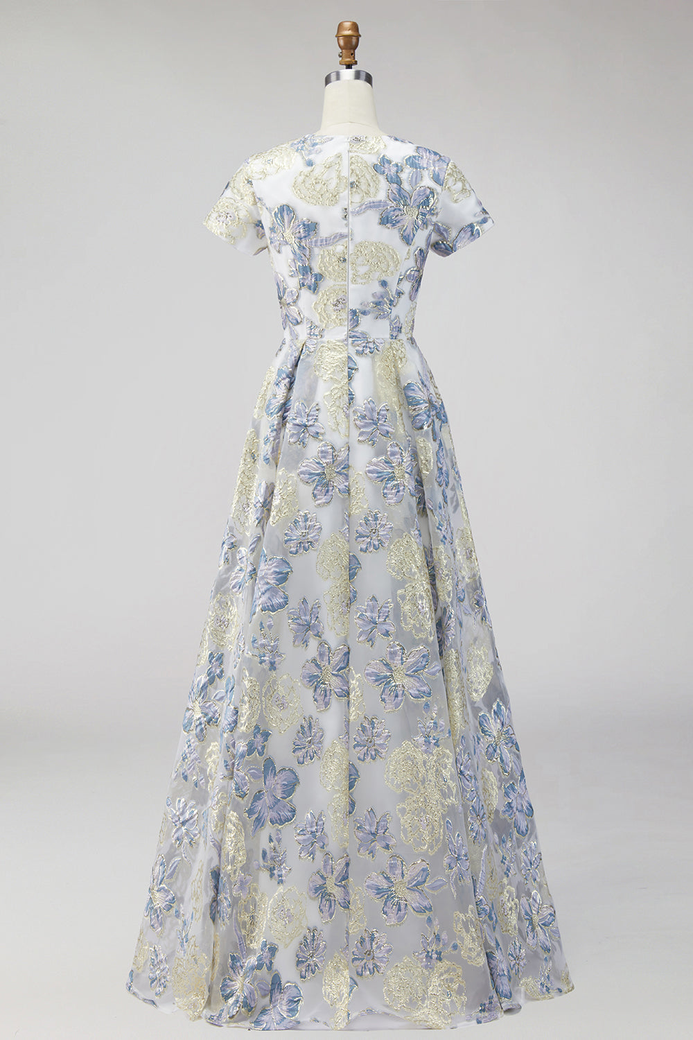 Dusty Blue Round Neck Floral A Line Long Mother of the Bride Dress