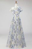 Dusty Blue Round Neck Floral A Line Long Mother of the Bride Dress
