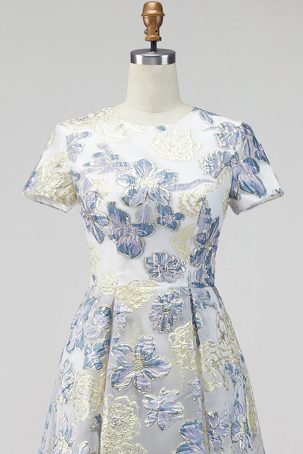 Dusty Blue Round Neck Floral A Line Long Mother of the Bride Dress