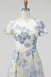 Dusty Blue Round Neck Floral A Line Long Mother of the Bride Dress