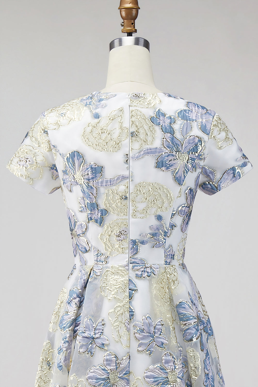Dusty Blue Round Neck Floral A Line Long Mother of the Bride Dress