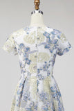 Dusty Blue Round Neck Floral A Line Long Mother of the Bride Dress