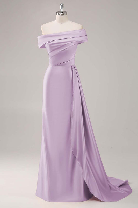 Lilac Sheath One Shoulder Long Formal Dress with Streamer