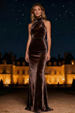 Purple Mermaid Halter Neck Long Velvet Holiday Party Dress