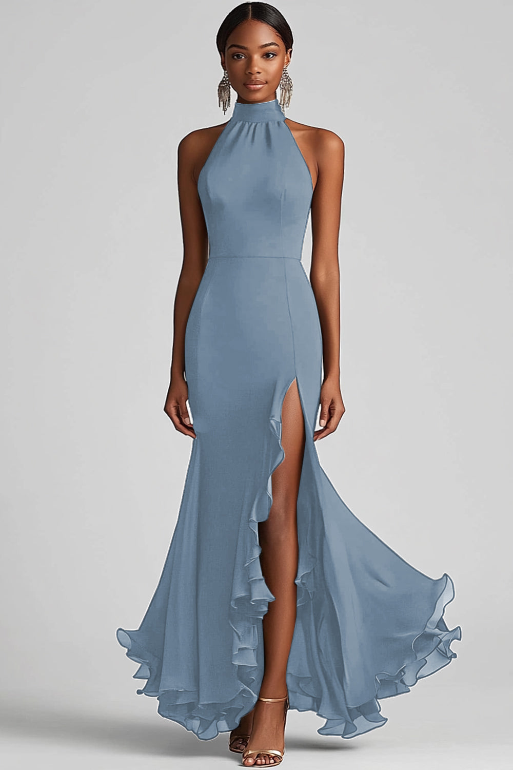 Zapakasa Women Halter Neck Prom Dress Black Ruffled Mermaid Long