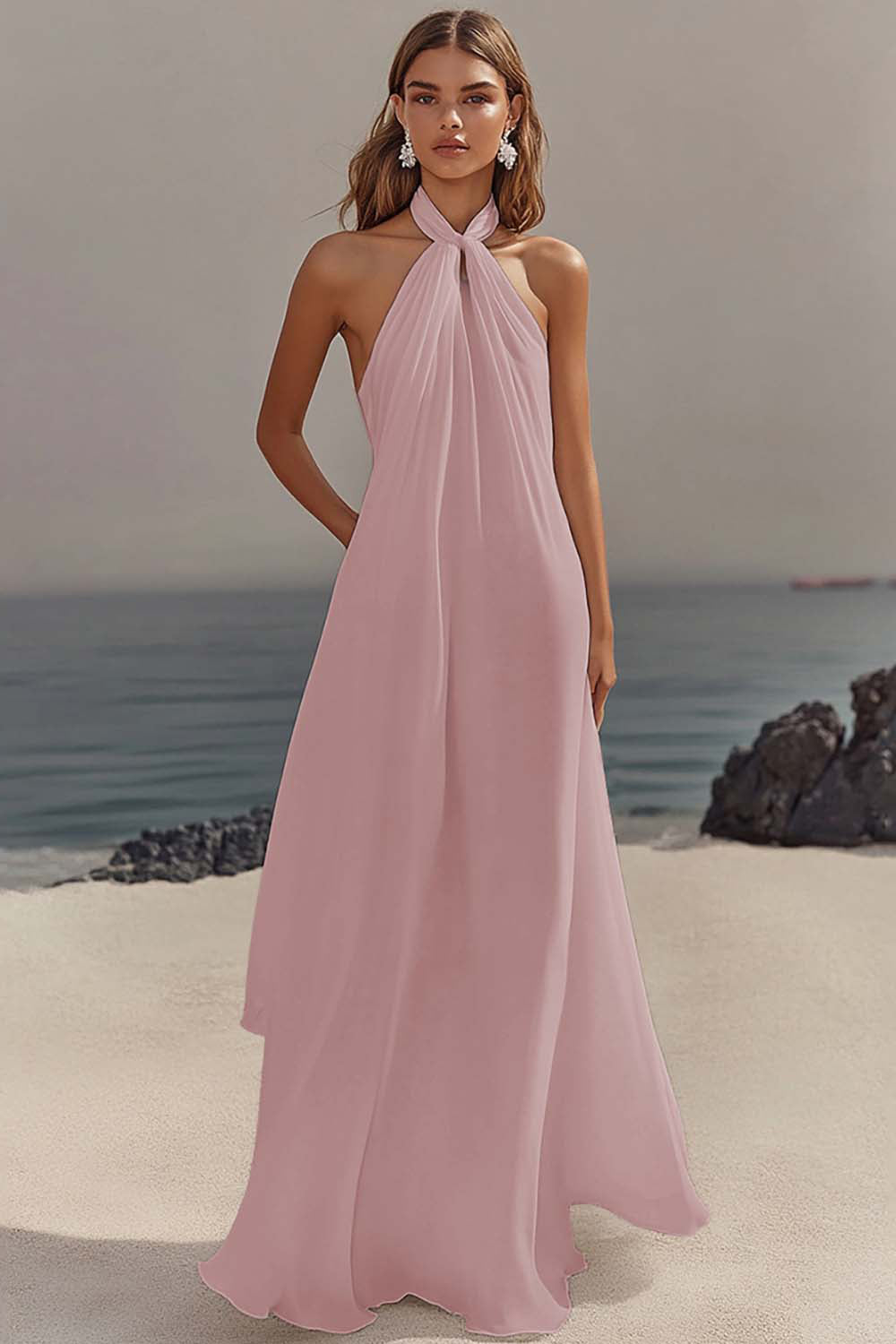 White Halter Neck A Line Long Chiffon Rehearsal Dinner Dress