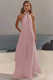 White Halter Neck A Line Long Chiffon Rehearsal Dinner Dress