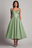 Red Satin A-Line Tea Length Formal Dress