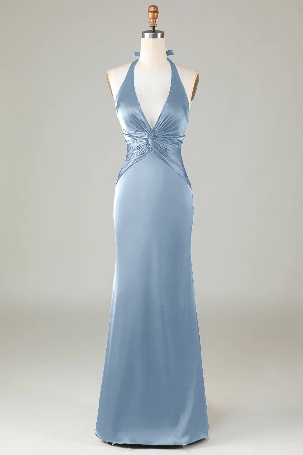 Elegant Dusty Blue Satin Halter Mermaid Bridesmaid Dress Open Back Maxi Prom Dress