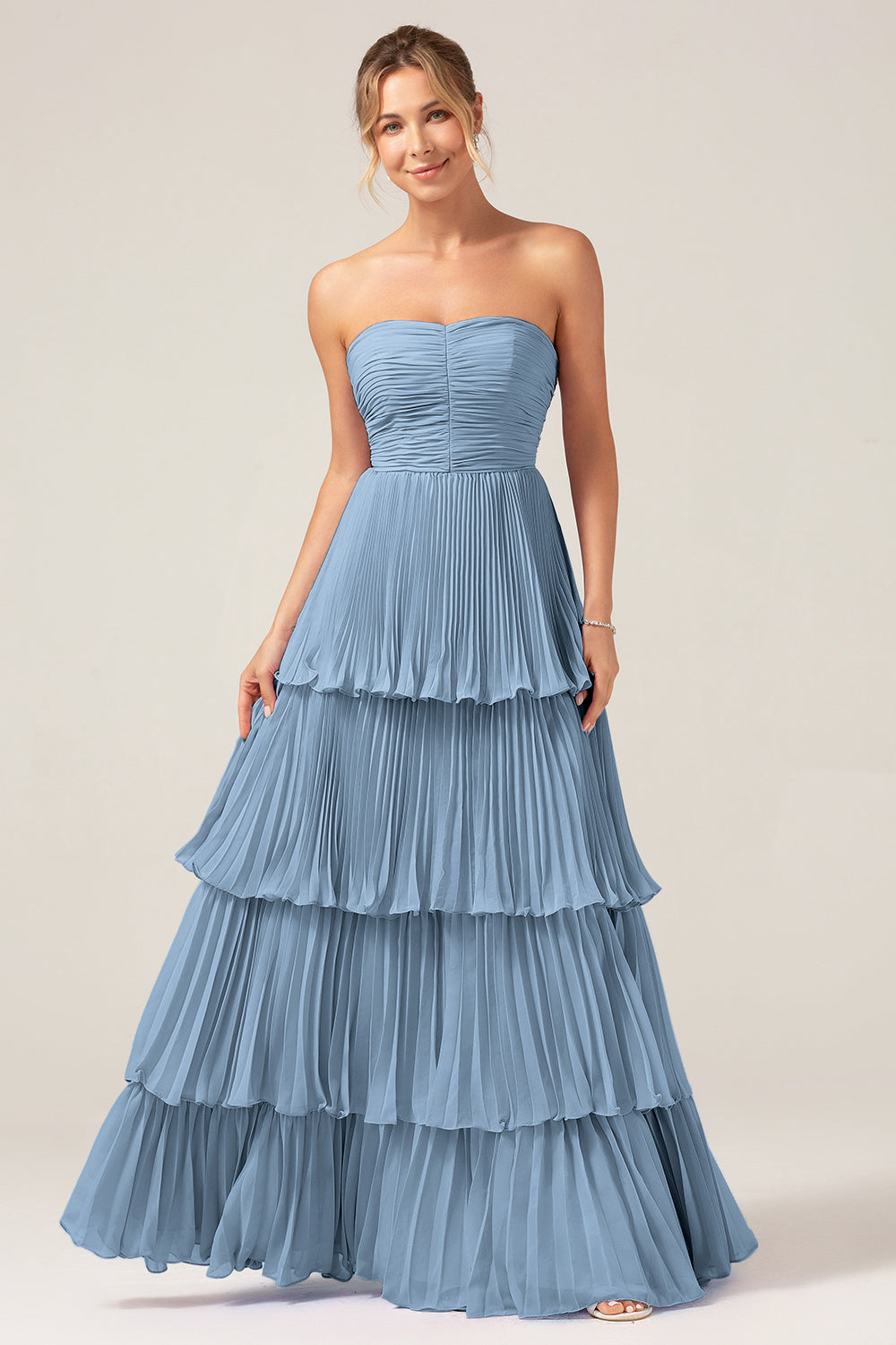 Zapakasa Women Strapless Bridesmaid Dress with Pleated Dusty Blue A Line Chiffon Long Wedding Party Dress Zapakasa Women Strapless Bridesmaid Dress with Pleated Dusty Blue A Line Chiffon Long Wedding Party Dress