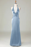 Elegant Dusty Blue Satin Halter Mermaid Bridesmaid Dress Open Back Maxi Prom Dress