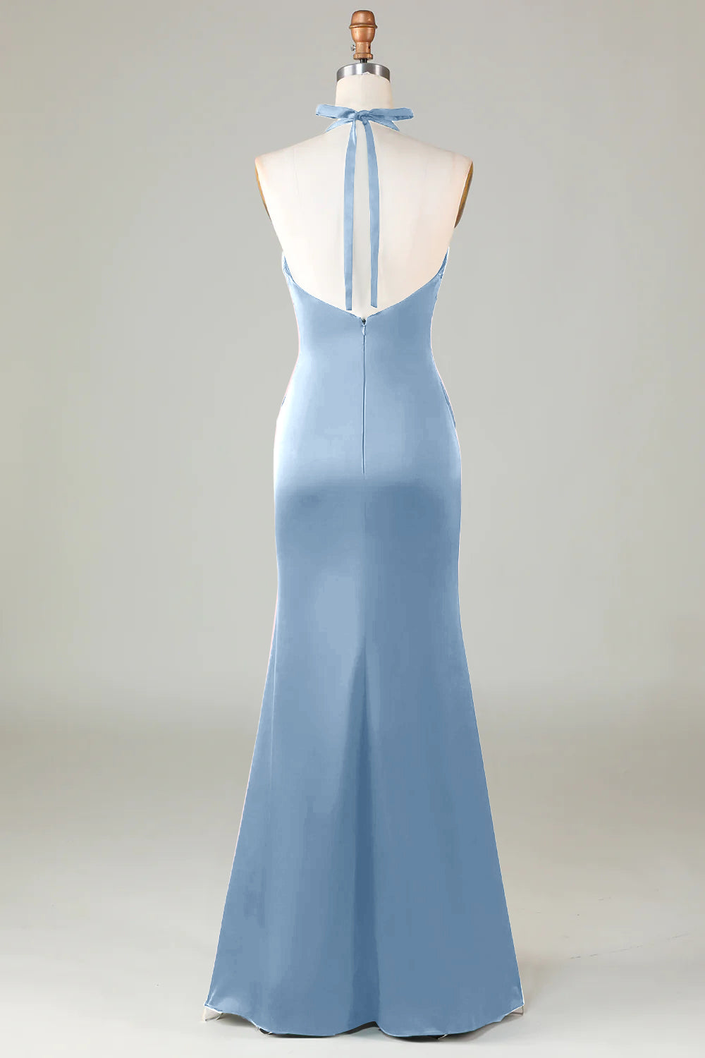 Taupe Sheath Halter Satin Long Bridesmaid Dress