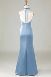 Taupe Sheath Halter Satin Long Bridesmaid Dress