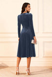 Dark Green A Line Velvet Midi Glitter Holiday Party Dress with Sleeves
