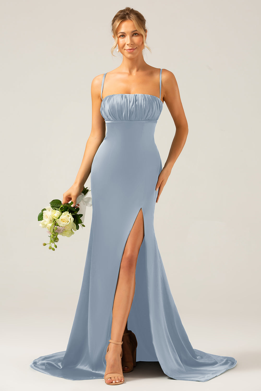 Zapakasa Women Dark Green Bridesmaid Dress with Slit Mermaid Satin Spaghetti Straps Prom Dress with Pleated