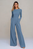 Black Round Neck Satin Long Sleeves Formal Jumpsuits