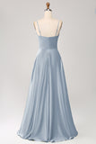 Dusty Sage A Line Cowl Neck Satin Long Prom Dress with Pleated