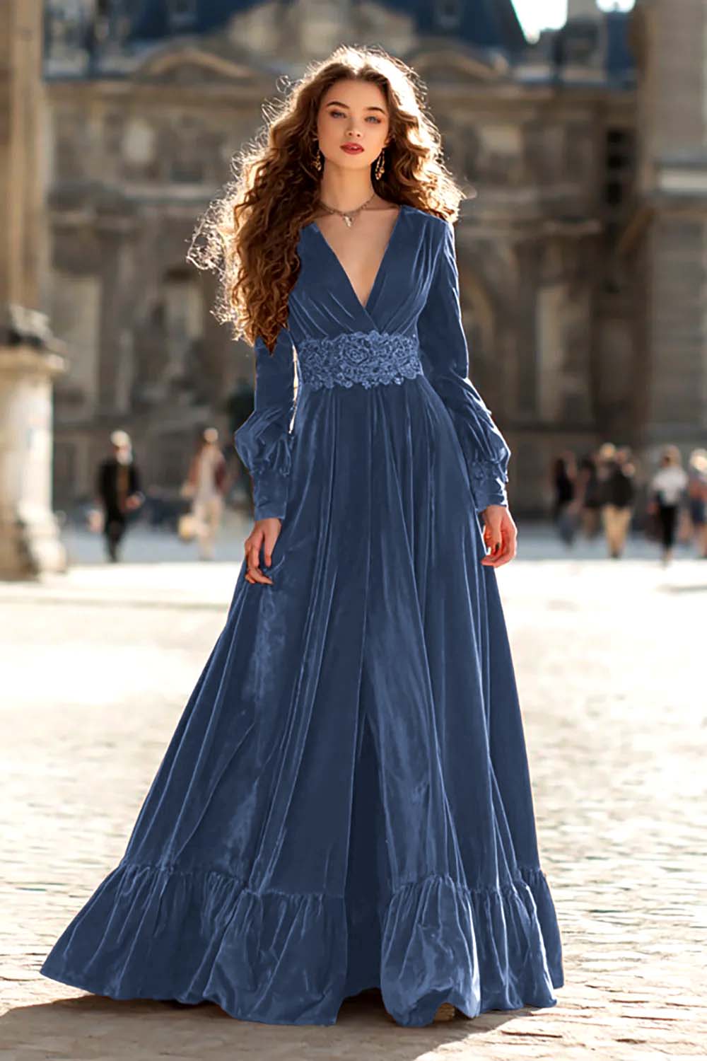 Zapakasa Women Brown Velvet Long Formal Dress with Sleeves A Line V-Neck Ruched Evening Dress with Ruffles Zapakasa Women Brown Velvet Long Formal Dress with Sleeves A Line V-Neck Ruched Evening Dress with Ruffles
