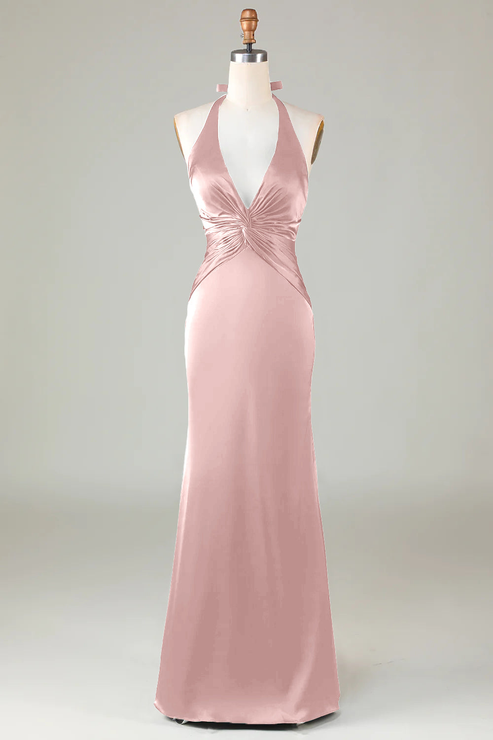 Elegant Dusty Rose Satin Halter Mermaid Bridesmaid Dress Open Back Maxi Prom Dress