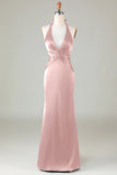 Elegant Dusty Rose Satin Halter Mermaid Bridesmaid Dress Open Back Maxi Prom Dress