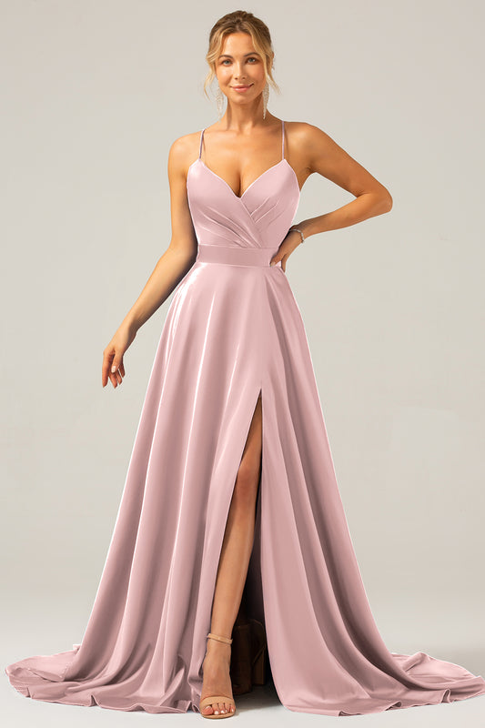 A Line Spaghetti Straps Dusty Rose Satin Prom Dress with Slit