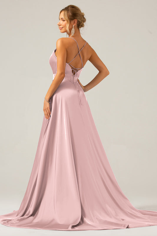A Line Spaghetti Straps Dusty Rose Satin Prom Dress with Slit