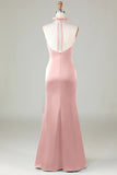 Taupe Sheath Halter Satin Long Bridesmaid Dress