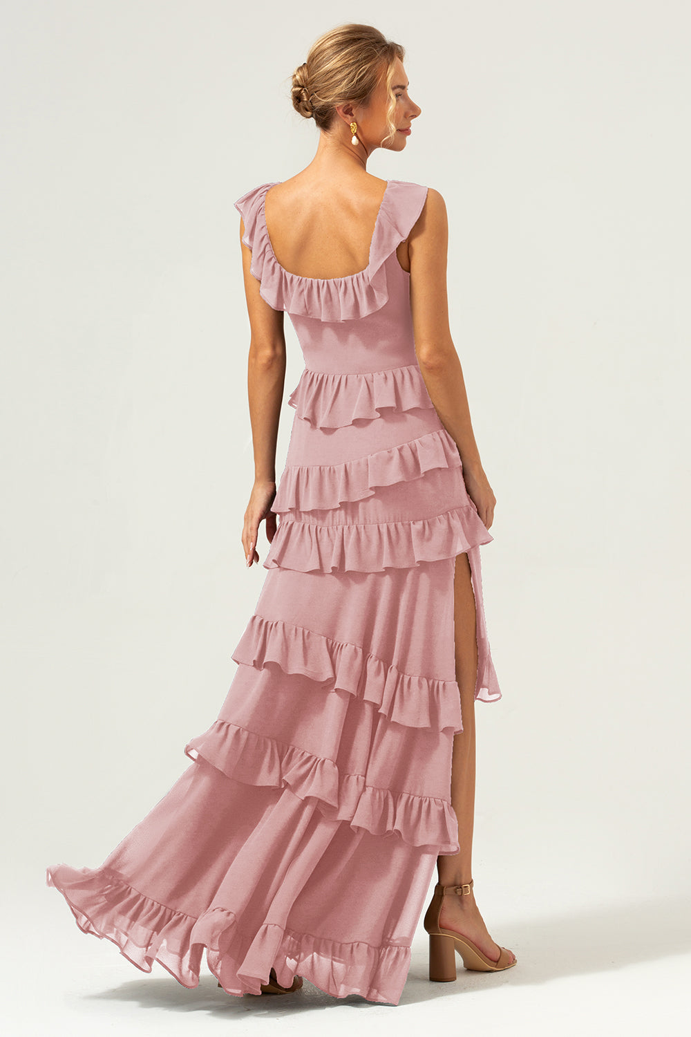 Burgundy A-Line Ruffleed Chiffon Long Bridesmaid Dress with Slit