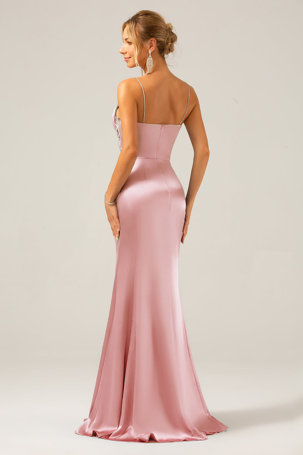 Mermaid Grey Blue Satin Spaghetti Straps Pleated Maxi Dress